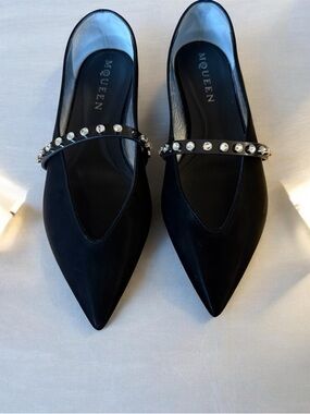McQueen Black Crystal-Embellished Pointed Toe Flats